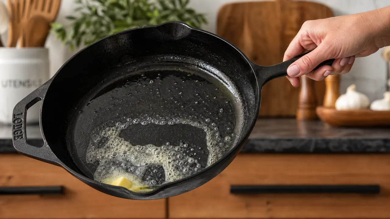 Hand pouring a thin layer of oil into a Lodge cast iron skillet to re-season it on a gas stovetop