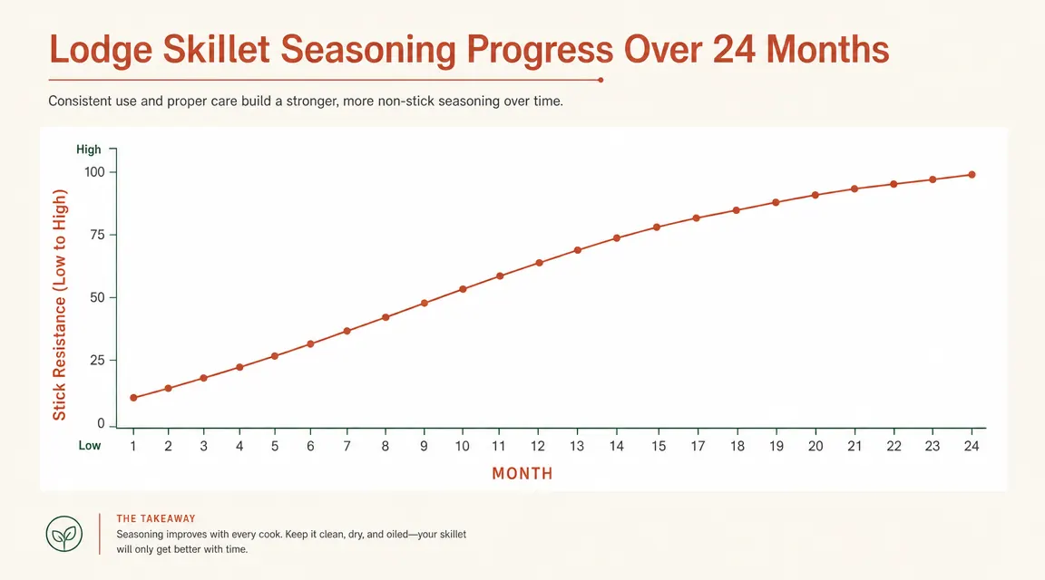 Chart showing Lodge cast iron skillet seasoning improvement over 24 months from sticky to non-stick performance