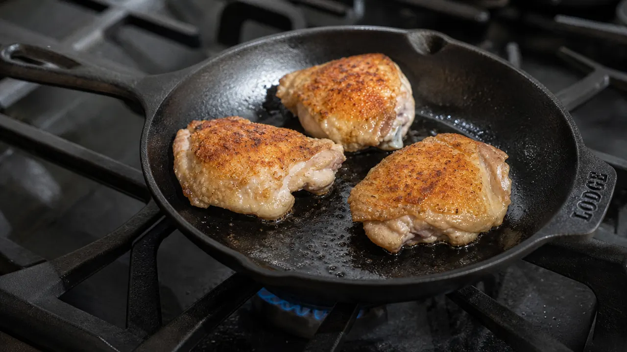 Lodge cast iron skillet searing chicken thighs on a gas stovetop with a golden crust forming