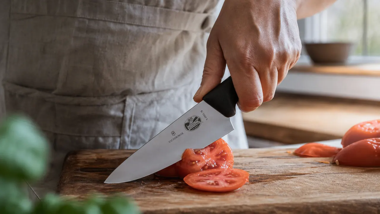 Hand gripping the Victorinox Fibrox Pro black plastic handle while slicing onions on a cutting board