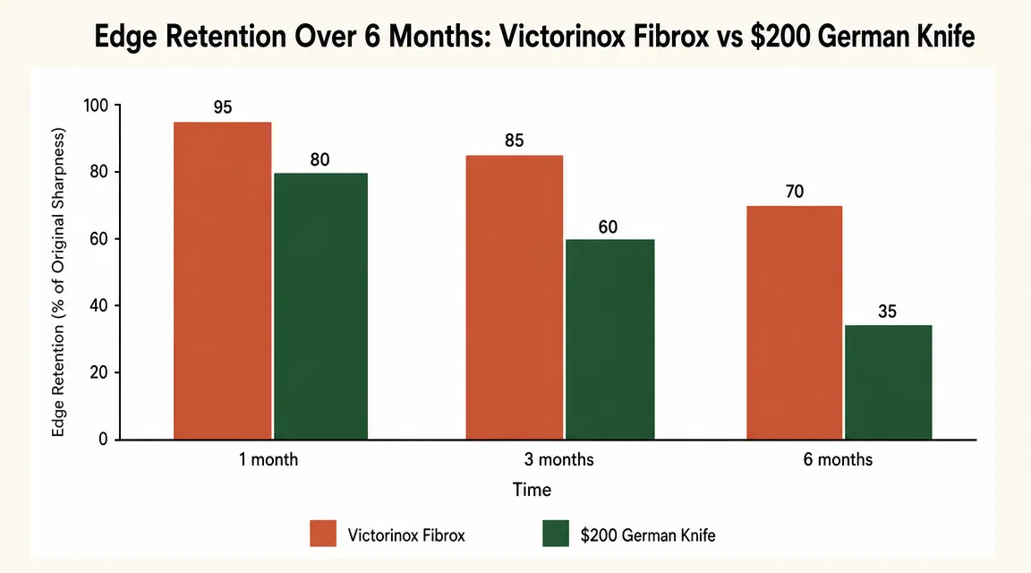 Side-by-side chart comparing edge retention of Victorinox Fibrox Pro versus a 200-dollar German knife over 6 months of home use