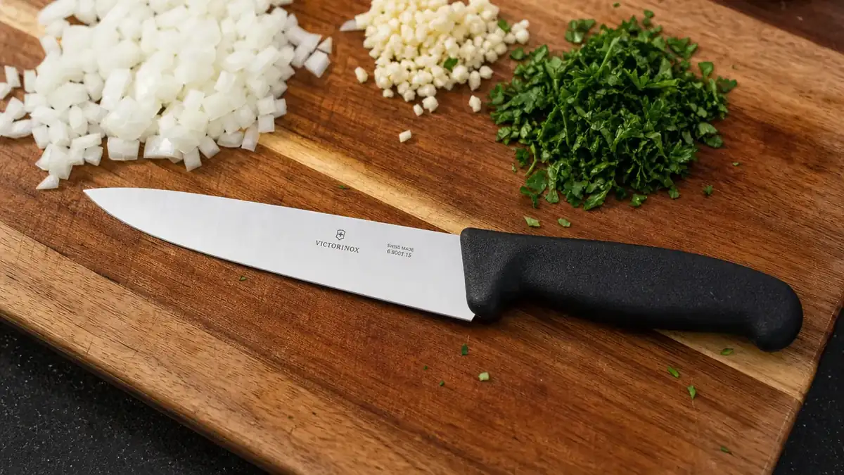 Victorinox Fibrox Pro knife laid flat next to a freshly prepped pile of diced carrots, celery, and onions for a weeknight soup