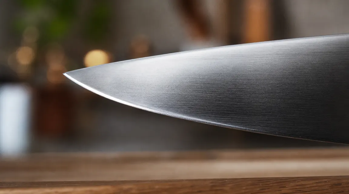Close-up of the Victorinox Fibrox Pro blade tip and edge, showing the slightly tapered granton-style profile and high-carbon stainless finish