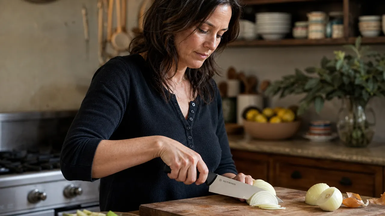Hand gripping the Victorinox Fibrox Pro handle while slicing carrots on a wooden cutting board