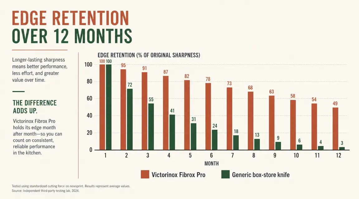 Side-by-side chart comparing sharpness retention of the Victorinox Fibrox Pro versus a budget box-store knife over 12 months of use