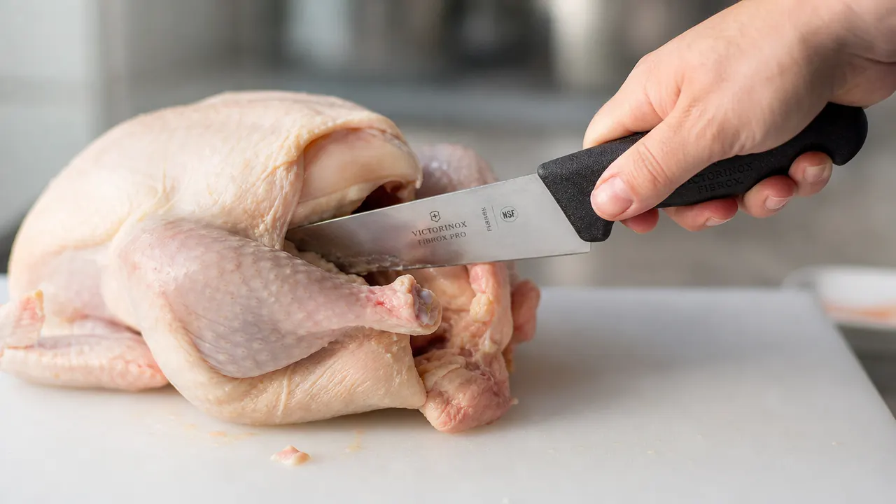 Victorinox Fibrox Pro knife being used to break down a whole chicken on a cutting board next to a bowl of vegetables