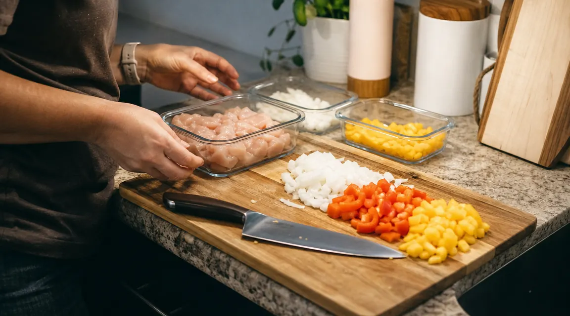 Meal prep spread with the Victorinox Fibrox Pro resting beside prepped vegetables and proteins in glass containers