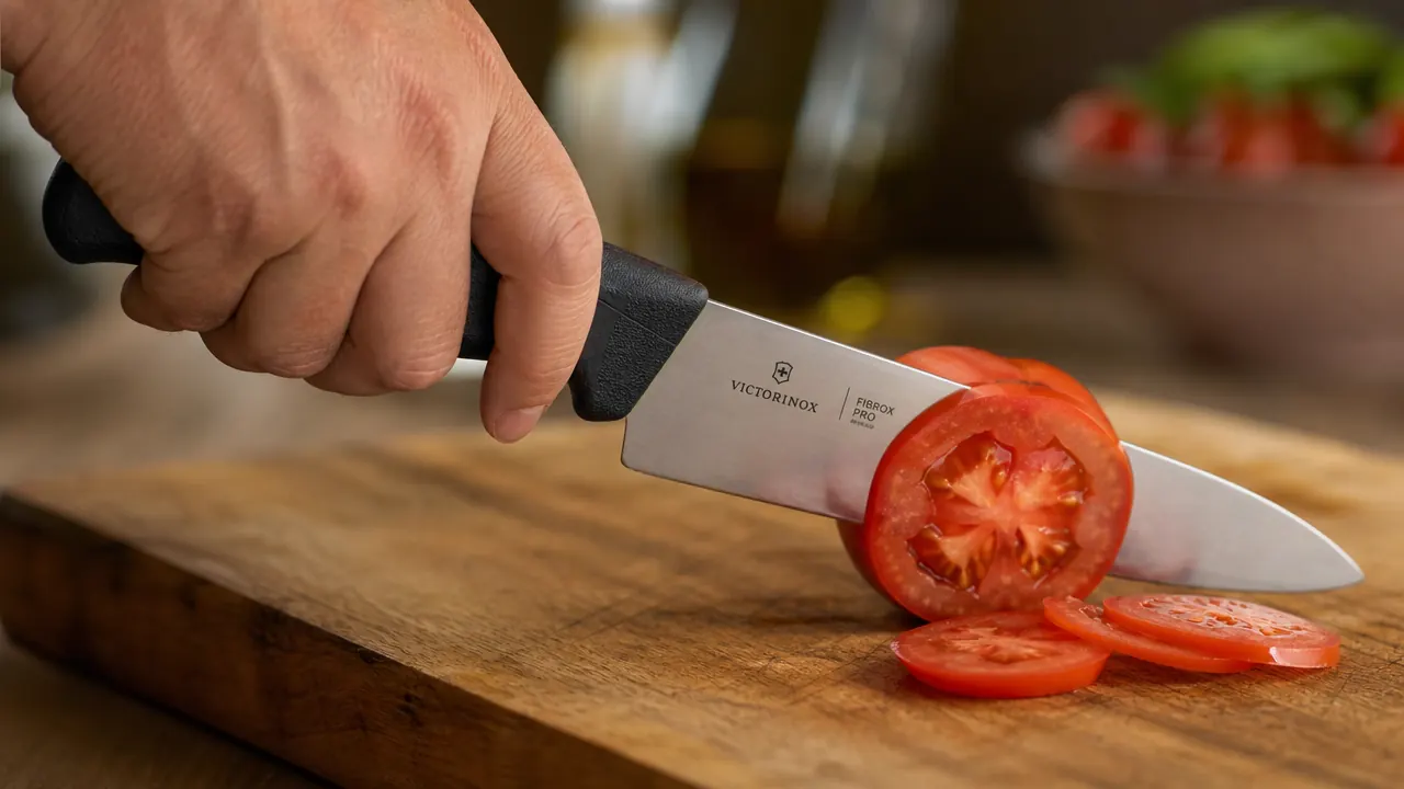 Hand holding the Victorinox Fibrox Pro by its black textured handle over a cutting board with sliced vegetables